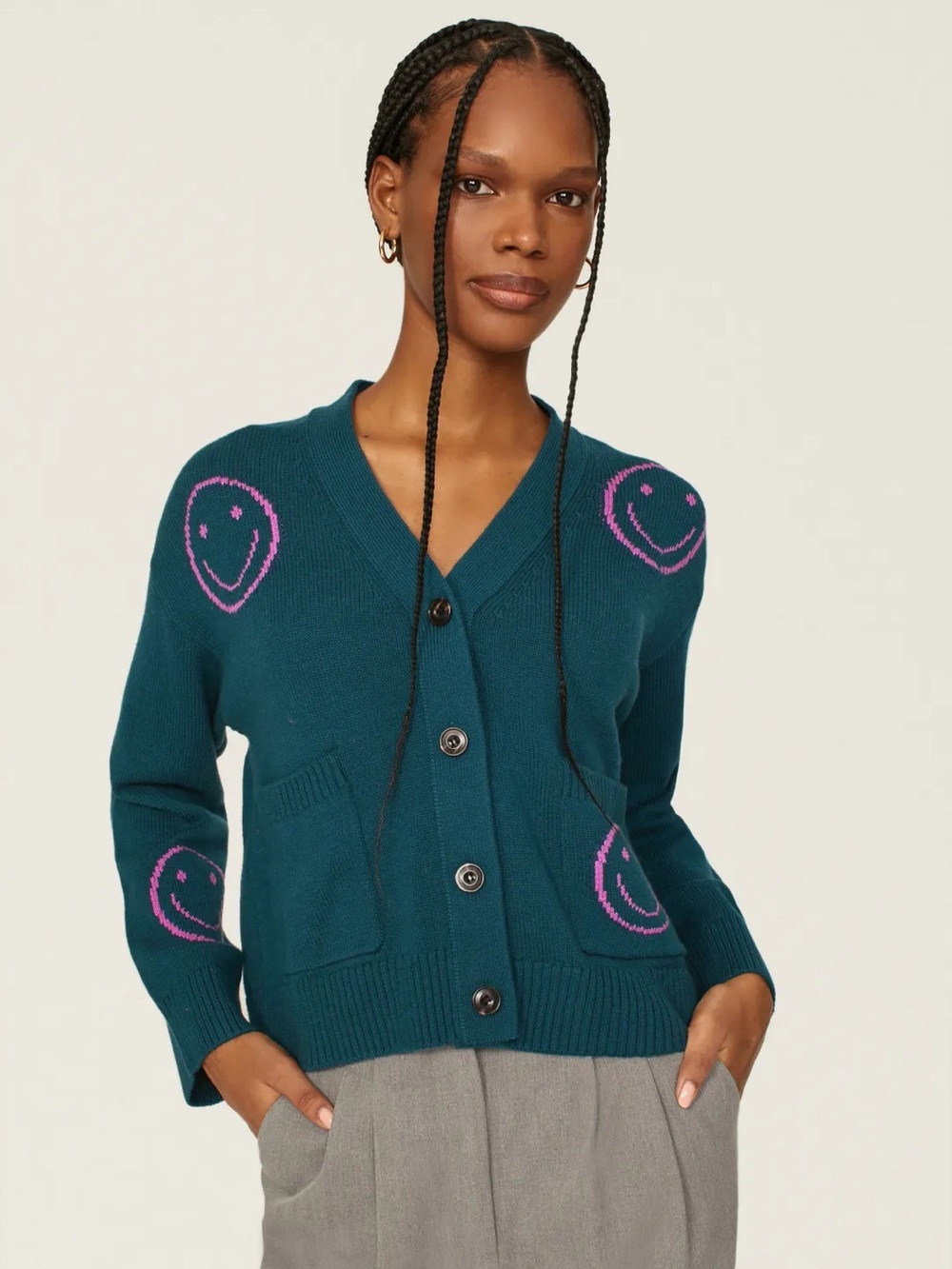 Rails Reese Cardigan Sweater Forest Smilies Smiley Faces  Dark Green Pink M